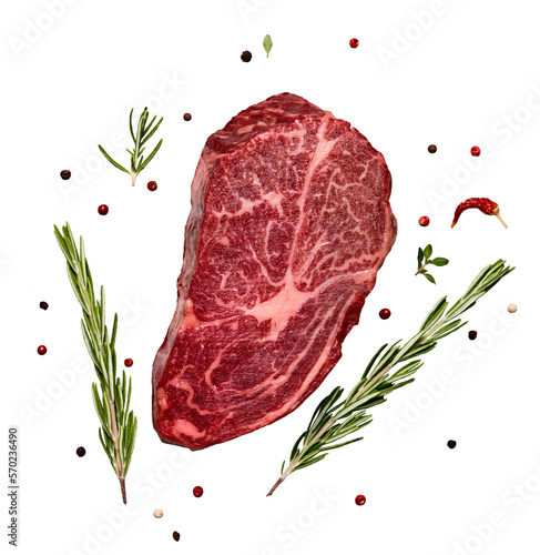 Canvastavla Fresh marbled beef rib eye steak and spices on transparent background