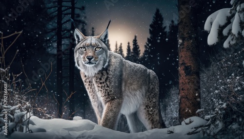 A Majestic Lynx Hunting in the Snowy Forest Under the Moonlight generative ai
