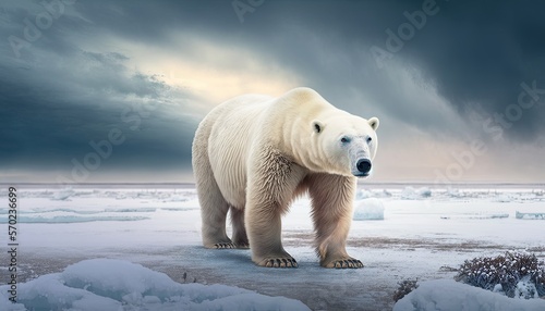 A Majestic Polar Bear Roaming the Arctic Tundra in Winter generative ai