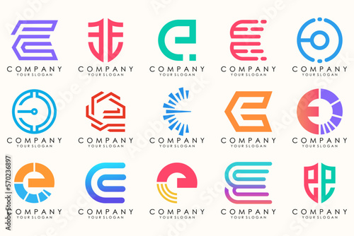 Abstract logos mega collection with letters E. Geometrical abstract logos
