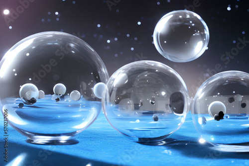 Glass planets dropping on big blue, AI generated spheres