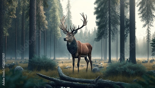 A Realistic 3D Render of a Majestic Red Deer in a Forest Clearing generative ai