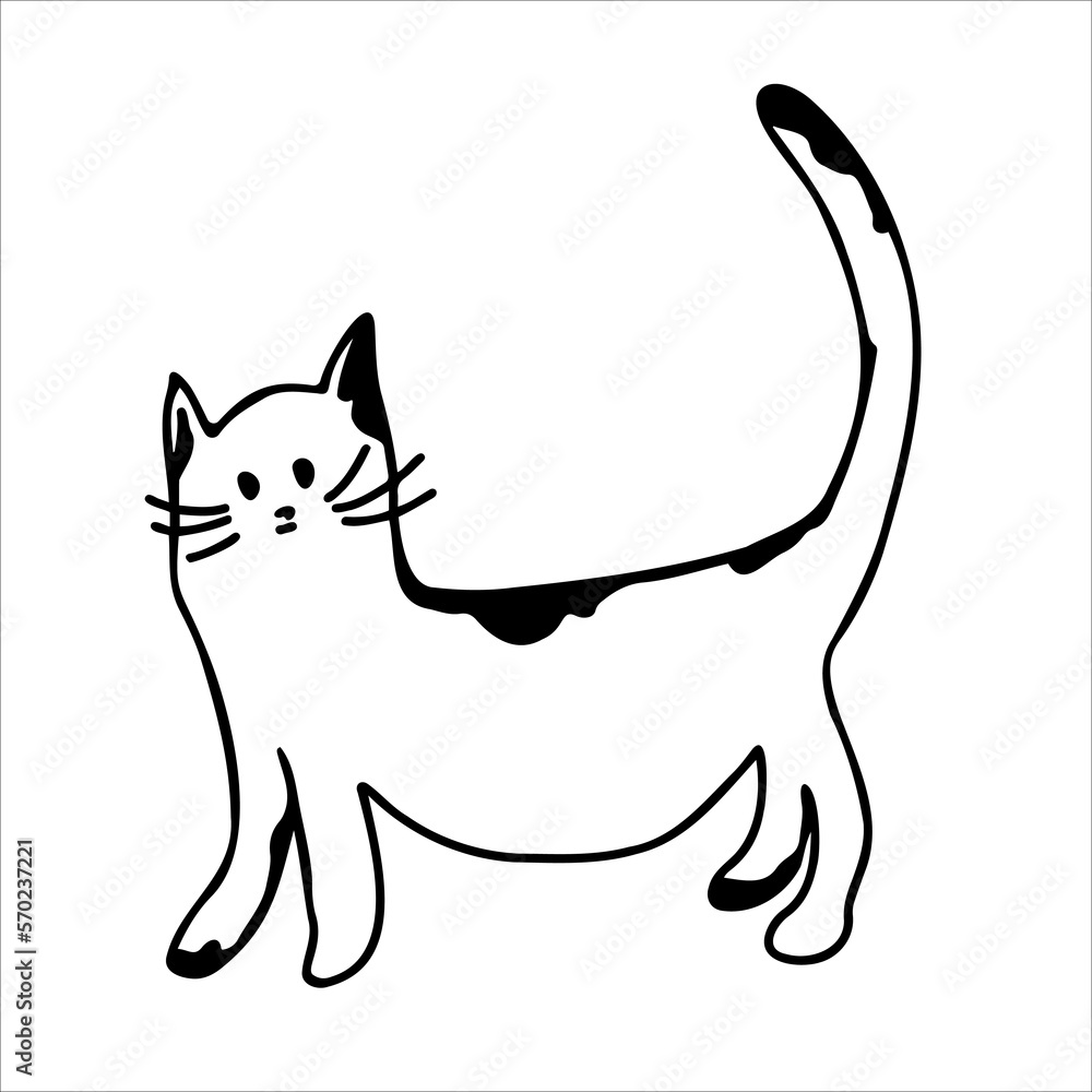 Cute spotted cat. Vector black and white hand-drawn doodles. Template, coloring book design, clipart, logo, sketch, icon.
