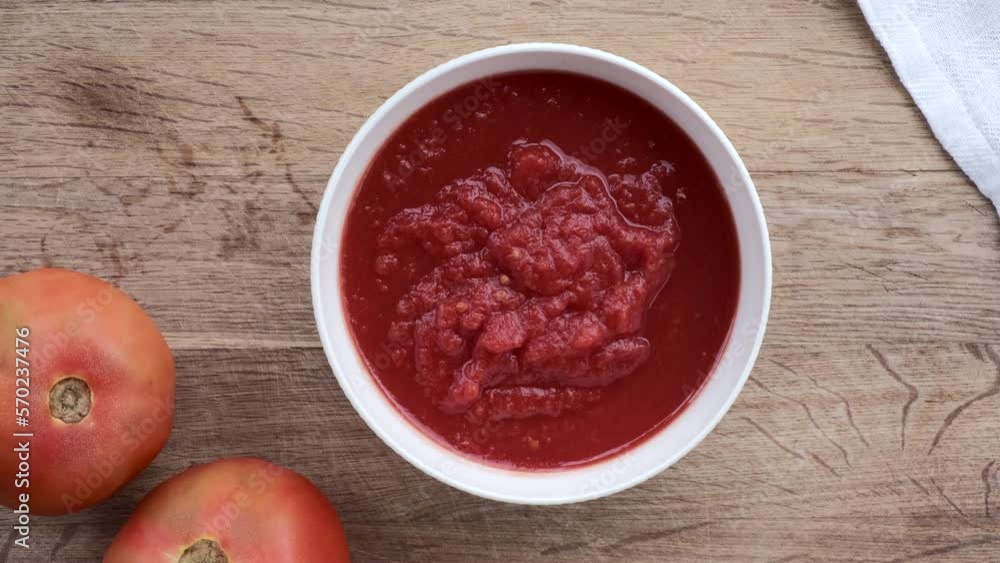 Bol blanco con tomate triturado sobre tabla de madera con dos tomates naturales a su lado. Bol blanco con tomate triturado sobre tabla de madera con dos tomates naturales a su lado.