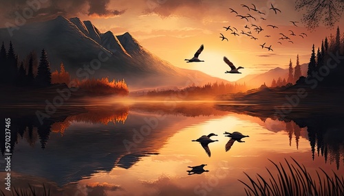 A Stunning Sunrise Over a Peaceful Lake with Majestic Geese in Flight generative ai © 3D Station