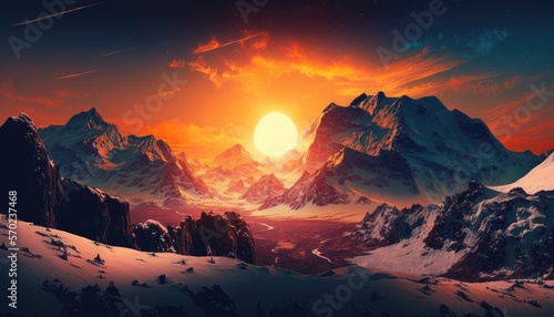 A Stunning Sunrise Over a Majestic Mountain Range with Snow-Capped Peaks generative ai