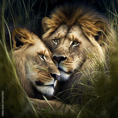 Family Bonding - A Pair of African Lions Cuddling in the Grass Ai Genrative