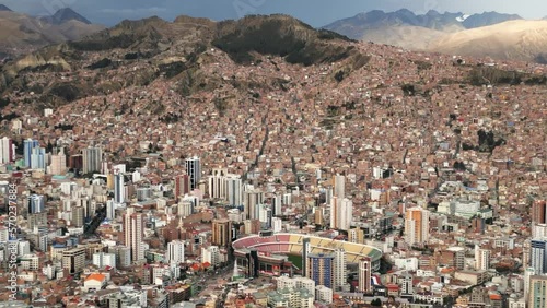 La Paz Bolivia Stadium, Aerial Above Hernando Siles in Miraflores Town, Capital City, Slum in Latin American Neighborhood in Andean Cordillera Mountain Range photo