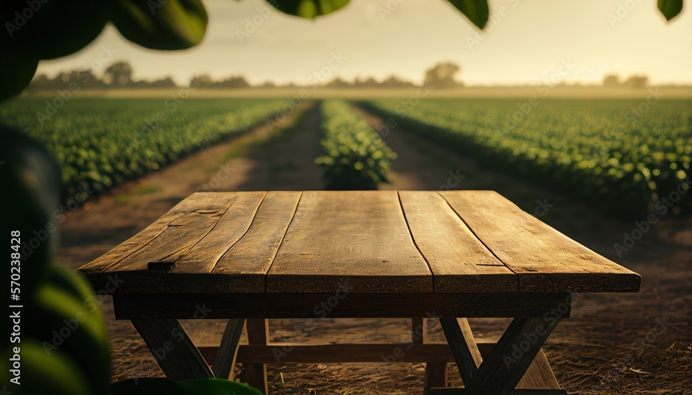 Large green soy plantation and wooden table. Generative AI. - obrazy, fototapety, plakaty 
