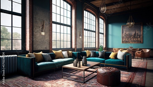 Industrial Chic Interior Design with Vintage Moroccan Rugs, Leather Couches, and Wood Tables. Generative AI.