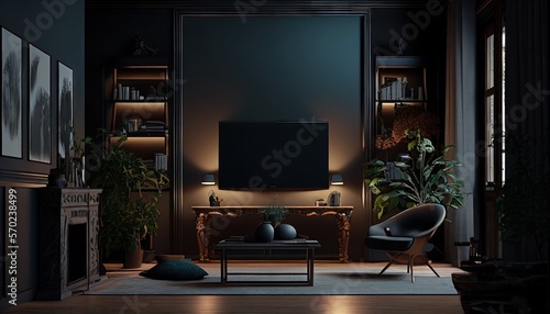 Modern dark home interior background with TV, flowers, carpet, and candles. Generative AI. © GustavsMD