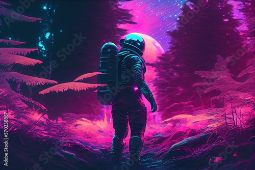 Generative AI illustration of back view of unrecognizable astronaut in protective helmet and spacesuit walking in fantasy purple forest against starry night sky