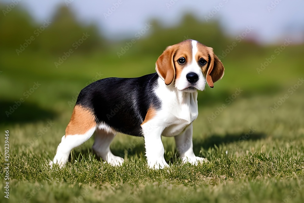 Cute puppy dog ​​portrait of the breed of Beagle. Close up. Beautiful dog photo ideal for advertising spot, banner and advertising. Generative Ai
