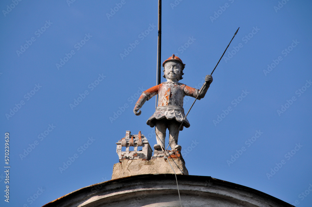 Sculpture of the boy ath the roof of the building. Walbrzych, Lower Silesian Voivodeship, Poland.