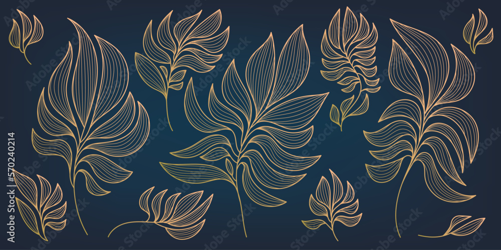 Vector set of botanical modern leaves, art deco wallpaper background. Line design for interior design, textile patterns, textures, posters, package, wrappers, gifts etc. Luxury. Vector set of botanical modern leaves, art deco wallpaper background. Line design for interior design, textile patterns, textures, posters, package, wrappers, gifts etc. Luxury.