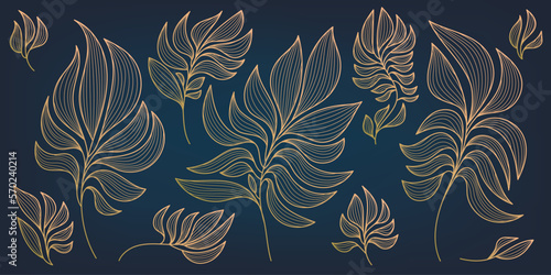 Vector set of botanical modern leaves, art deco wallpaper background. Line design for interior design, textile patterns, textures, posters, package, wrappers, gifts etc. Luxury.