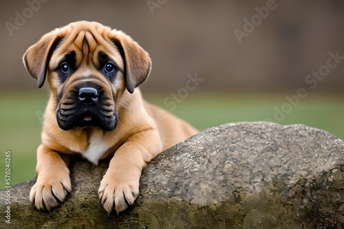 Cute puppy dog ​​portrait of the breed of Brazilian Bull Mastiff. Close up. Beautiful dog photo ideal for advertising spot, banner and advertising. Generative Ai
