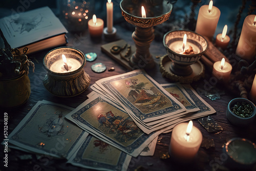 Tarot cards scattered on the table with some tarot ritual objects. Generative AI photo