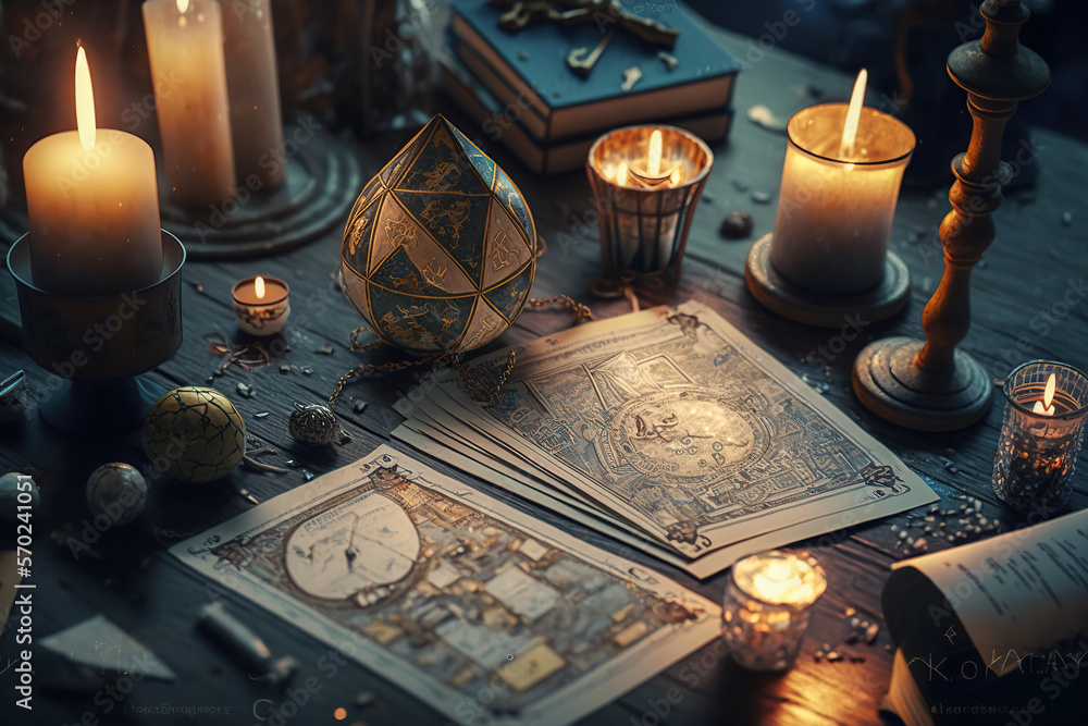 Tarot cards scattered on the wooden table with some candles. Generative AI Tarot cards scattered on the wooden table with some candles. Generative AI