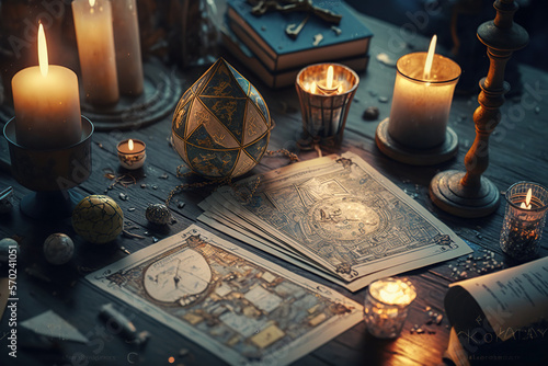 Tarot cards scattered on the wooden table with some candles. Generative AI