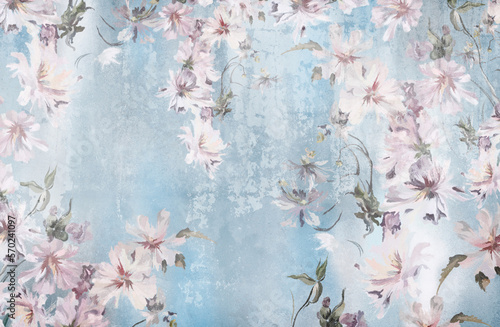 Flowers on a textural background, art drawing, photo wallpaper in light colors
