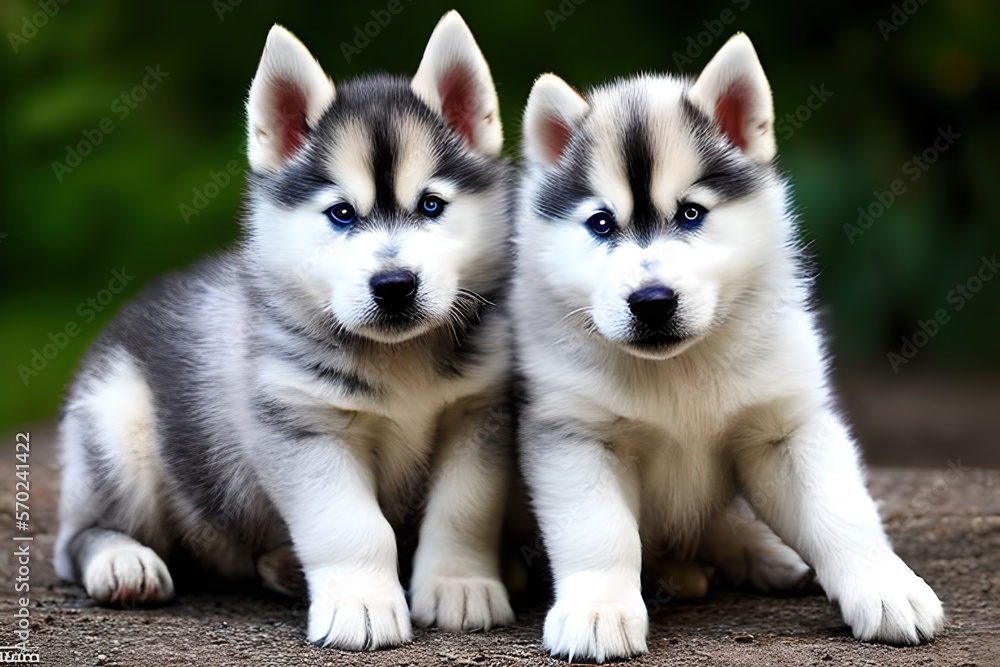 Cute puppy dog ​​portrait of the breed of Siberian Husky Close up. Beautiful dog photo ideal for advertising spot, banner and advertising. Generative Ai
