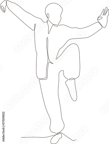 Single line drawing of young wushu fighter, kung fu master in uniform training tai chi stances in dojo center. fight. Trendy one line draw design vector
