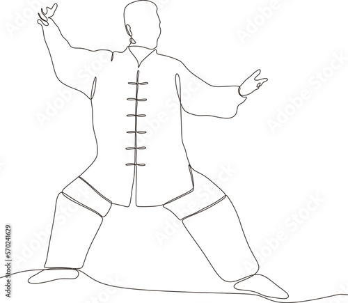 Single line drawing of young wushu fighter, kung fu master in uniform training tai chi stances in dojo center. fight. Trendy one line draw design vector