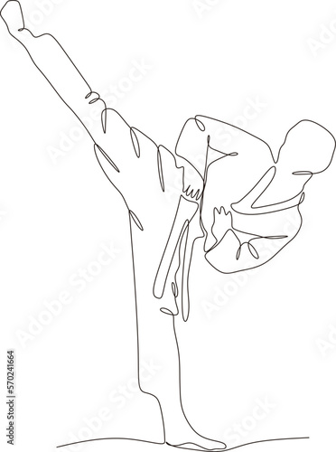 Single line drawing of young wushu fighter, kung fu master in uniform training tai chi stances in dojo center. fight. Trendy one line draw design vector