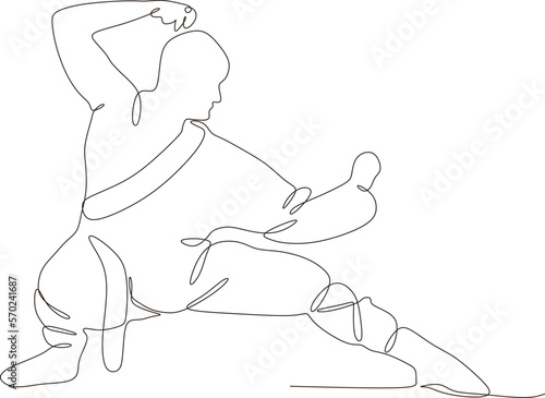Single line drawing of young wushu fighter, kung fu master in uniform training tai chi stances in dojo center. fight. Trendy one line draw design vector photo