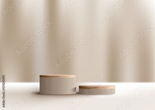 3D realistic top of wood surface podium platform stand minimal wall scene on beige background