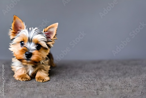 Cute puppy dog ​​portrait of the breed of Yorkshire Terrier. Close up. Beautiful dog photo ideal for advertising spot, banner and advertising. Generative Ai 