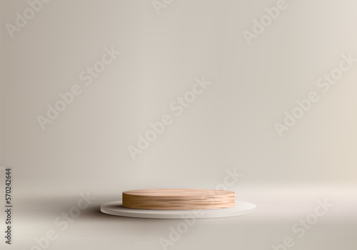 3D realistic empty studio room wooden cylinder podium pedestal stand minimal wall scene