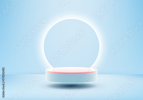 3D realistic modern minimal style blue and pink cylinder podium floating in the air