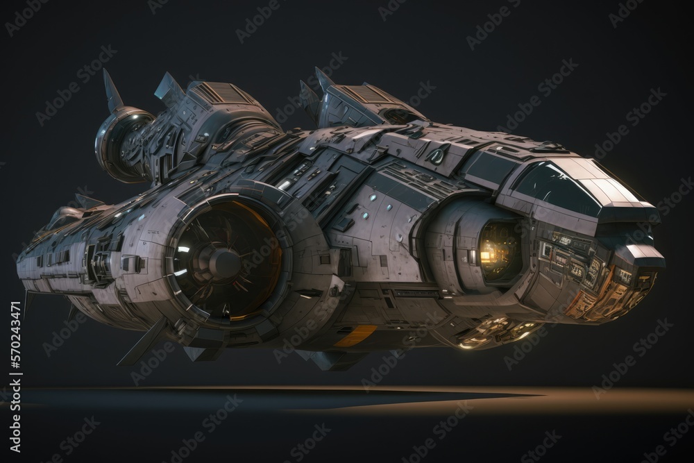 Dark spaceship in hangar. Futuristic military space concept. Generative ai.