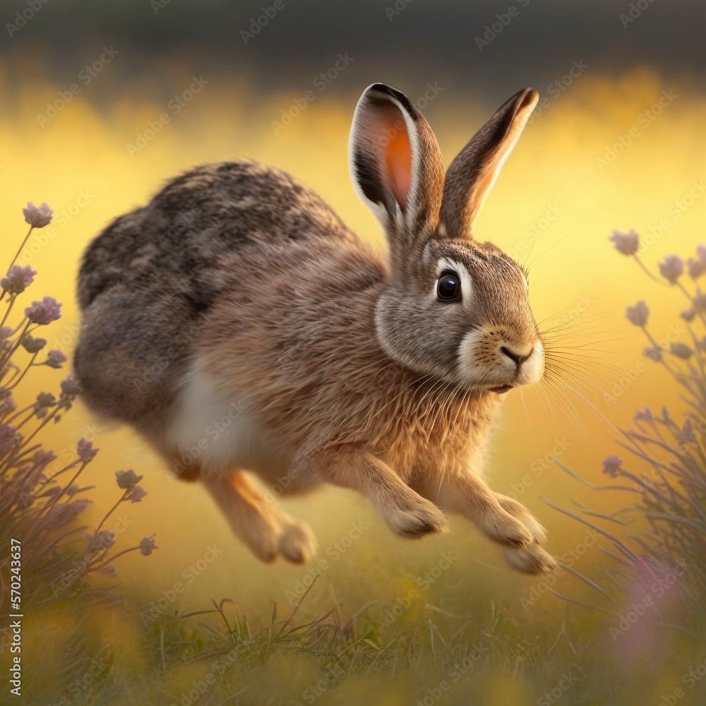 Fototapeta premium A Close-up of a Rabbit Hopping Through a Meadow