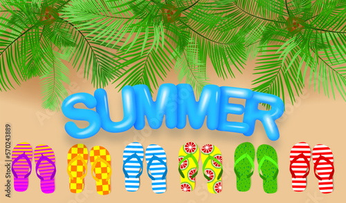 Summer beach with palm trees, row of striped flip-flop sandals and 3d text SUMMER. Top view. Beach vacation concept