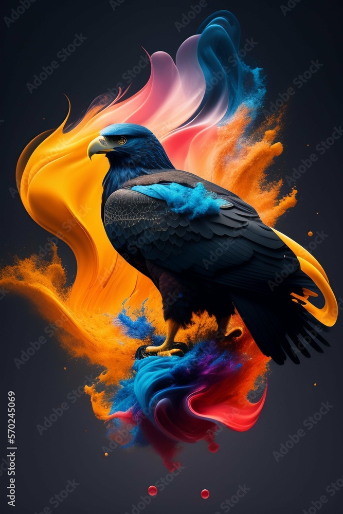 Obraz premium Conceptual or abstract art of an eagle with splash of vibrant colour clouds.