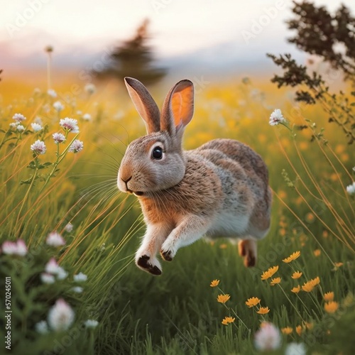 A Close-up of a Rabbit Hopping Through a Meadow