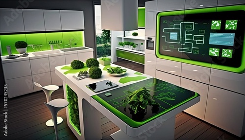 Green Kitchen Decor With Microgreens & Herbs - Generative Ai Stock