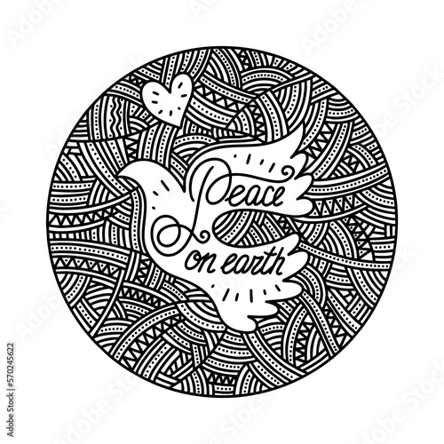 Christmas vector illustration. A hand-drawn dove, and the inscription "peace on earth".