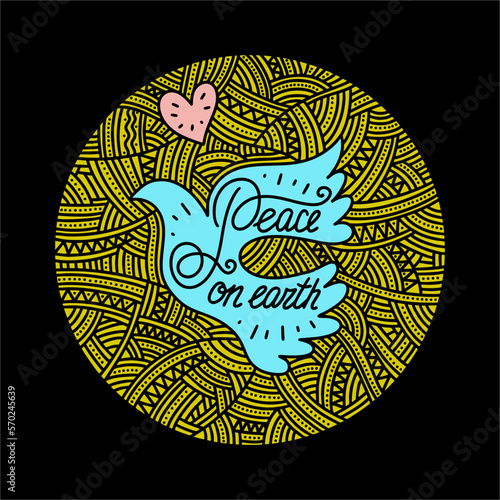 Christmas vector illustration. A hand-drawn dove, and the inscription "peace on earth".