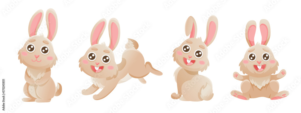 Cartoon set of cute bunnies. Banner with vector illustrations. Vector brown bunny is sitting, jumping in cute poses Cartoon set of cute bunnies. Banner with vector illustrations. Vector brown bunny is sitting, jumping in cute poses