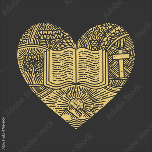 Vector doodle illustration. A hand-drawn heart, the Bible, the journey from creation to redemption.