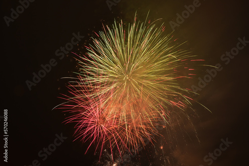 Beautiful fireworks exploded in the sky in  china at night. Chinese New Year and Lantern Festival Festival celebration.