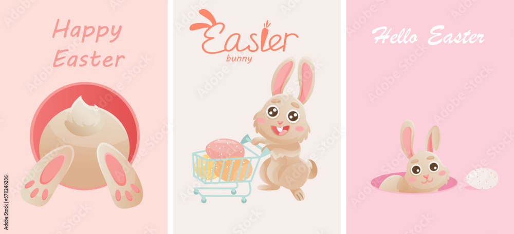 Happy Easter greeting card with cute bunny, eggs, flowers. Vector rabbit character set. Animal wildlife holidays cartoon Happy Easter greeting card with cute bunny, eggs, flowers. Vector rabbit character set. Animal wildlife holidays cartoon