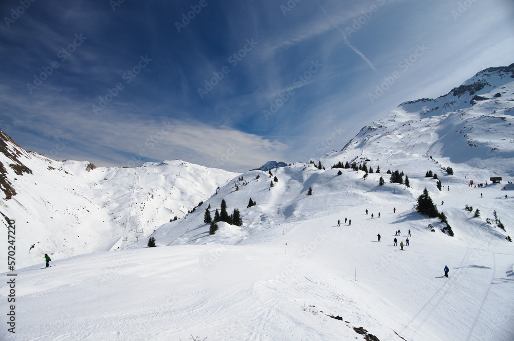 View on mountains and ski slopes of Avoriaz, France. Taken in March 2015. 