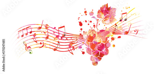 Grapes, grapevine and musical notes staff in pink color, isolated vector illustration background. Wine making, vino fairs design
