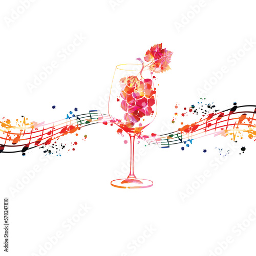 Beautiful wine glass with grapes and musical notes staff. Colorful goblet with alcoholic beverage. Glogg for celebrations and special occasions. Vino fairs and degustation events. Vector illustration