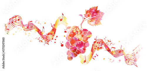 Grapes, grapevine and musical notes staff in pink color, isolated vector illustration background. Wine making, vino fairs design